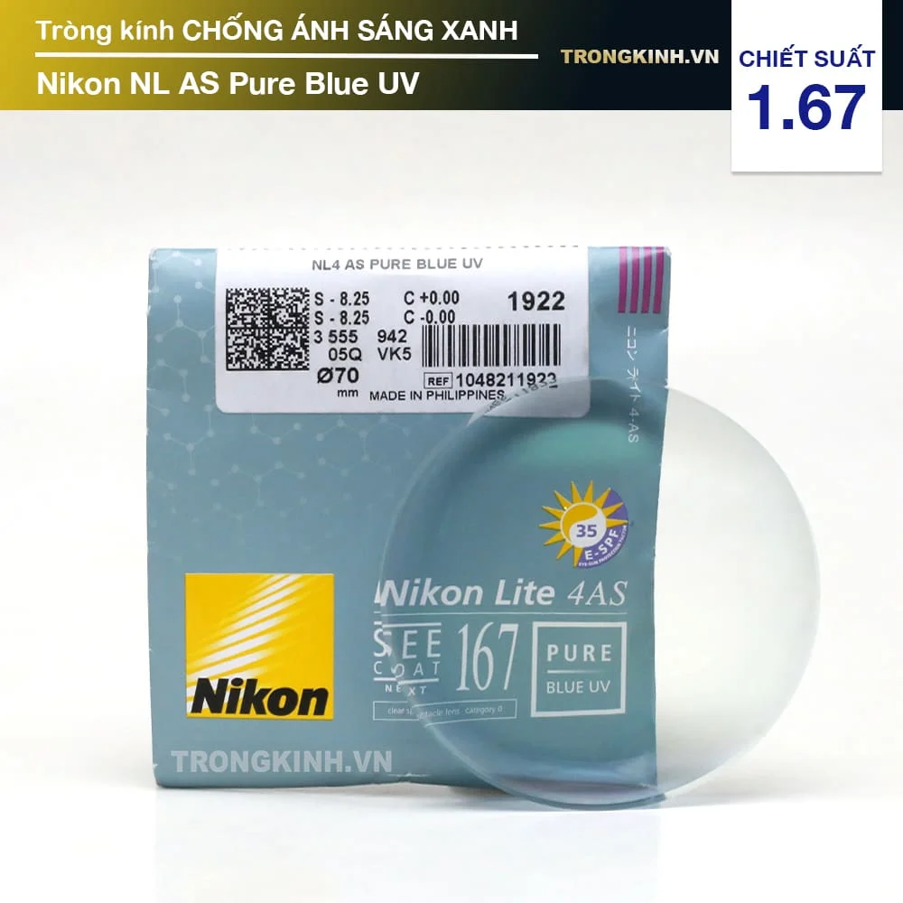 Tròng kính Nikon NL AS Pure Blue UV 1.67 siêu mỏng Chống Ánh Sáng Xanh