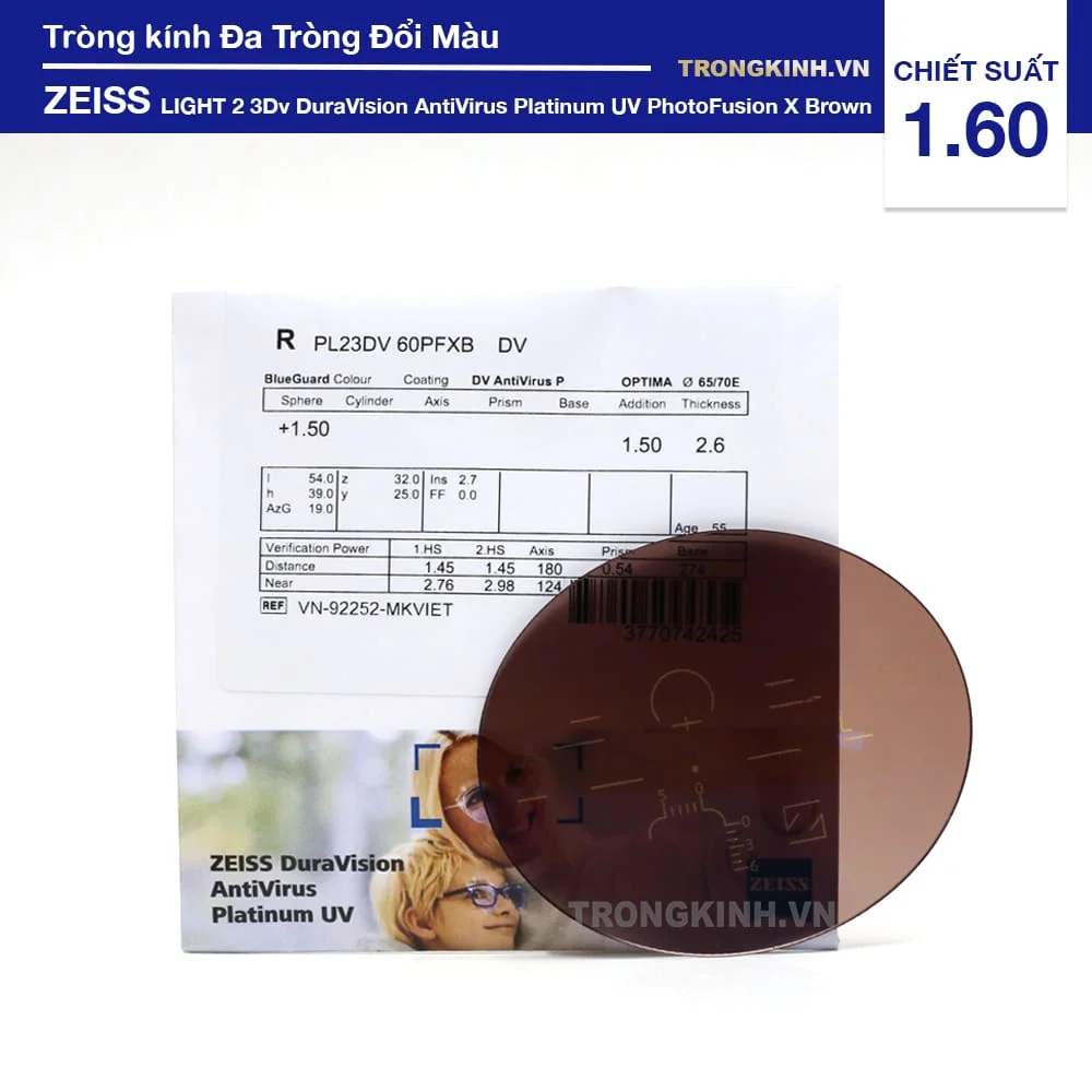 Tròng kính Đa Tròng Đổi màu Nâu ZEISS LIGHT 2 3Dv DuraVision AntiVirus Platinum UV PhotoFusion X Brown