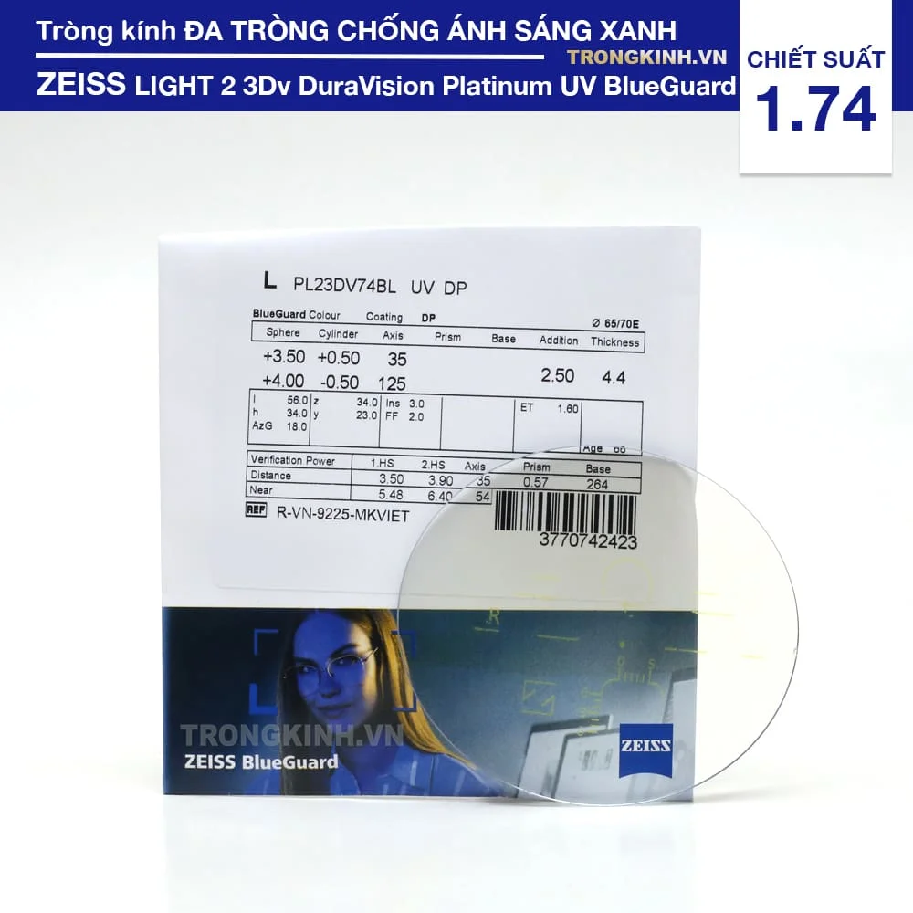 ZEISS LIGHT 2 3Dv DuraVision Platinum UV BlueGuard 1.74 - Tròng kính chống tia UV, Kháng khuẩn, Lọc ánh sáng xanh – Cho người hay dùng thiết bị điện tử