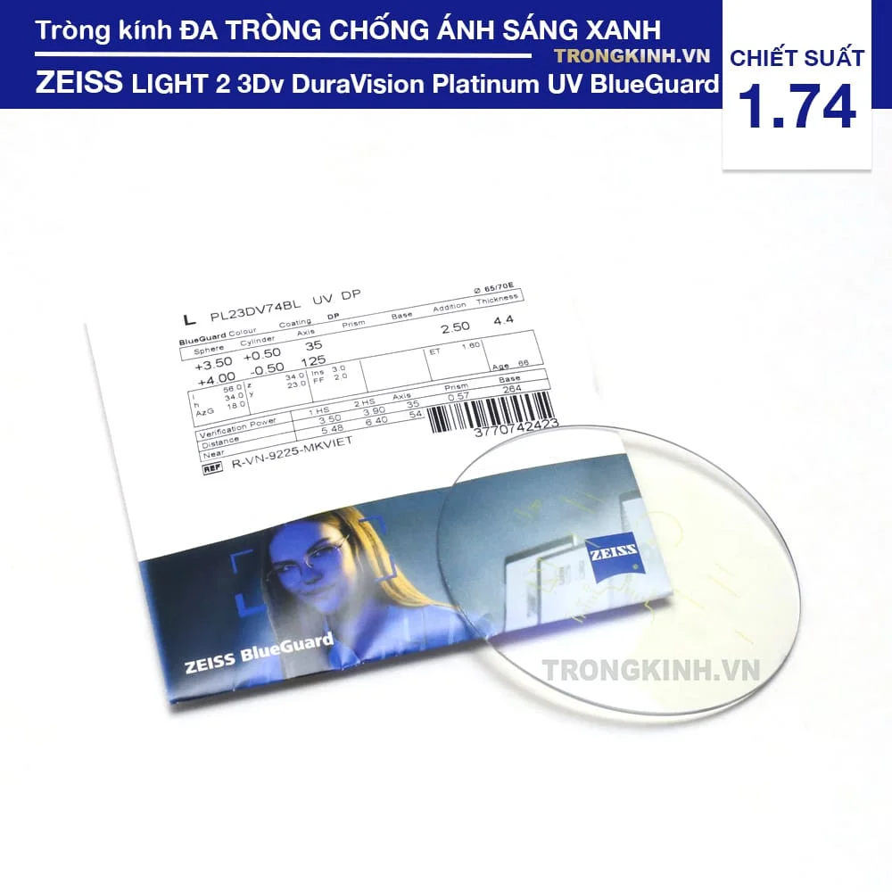 ZEISS LIGHT 2 3Dv DuraVision Platinum UV BlueGuard 1.74 - Tròng kính chống tia UV, Kháng khuẩn, Lọc ánh sáng xanh – Cho người hay dùng thiết bị điện tử