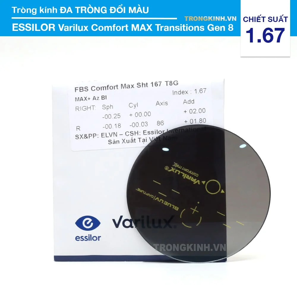Tròng kính Đa Tròng Đổi Màu Essilor Varilux Comfort MAX 1.67 Transitions Gen 8
