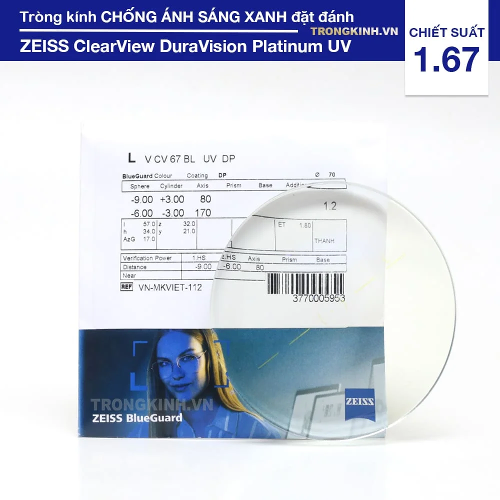 Tròng kính Đặt Đánh Siêu Mỏng Chống Ánh Sáng Xanh ZEISS ClearView DuraVision Platinum UV 1.67
