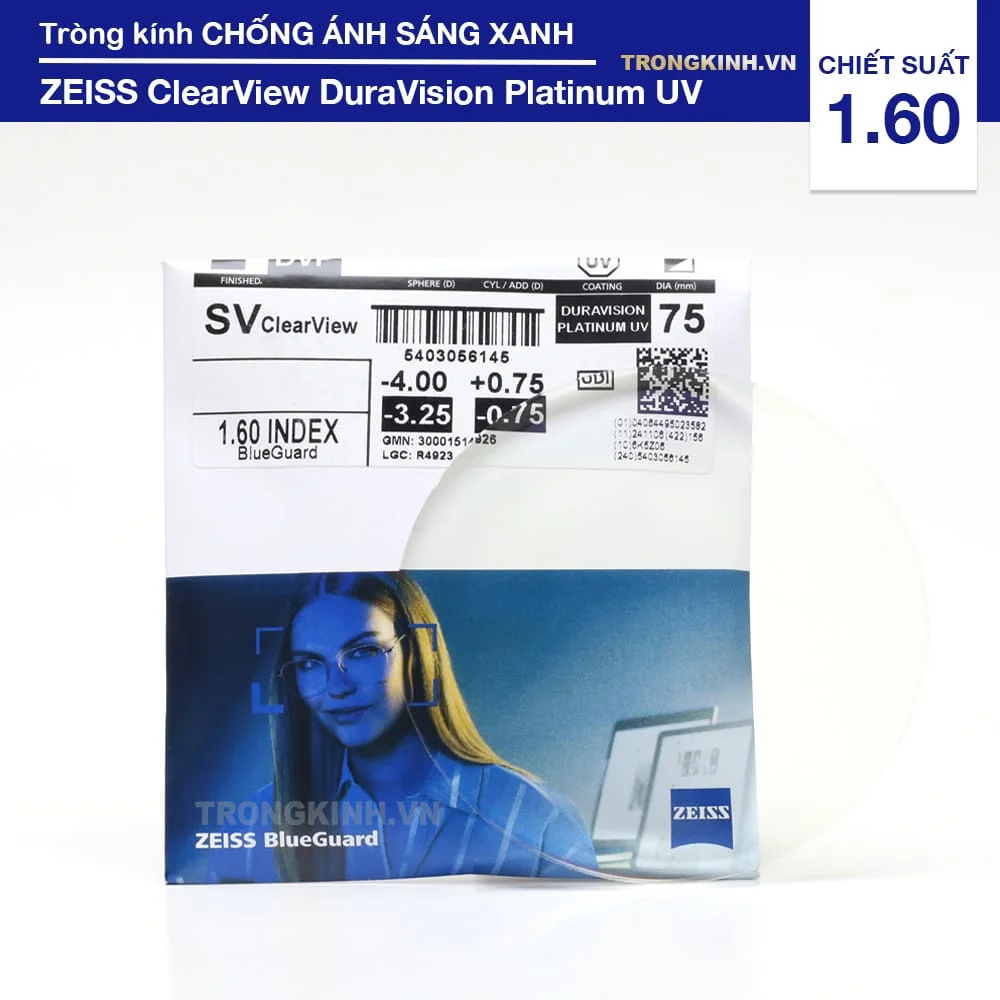 Tròng kính Mỏng Chống Ánh Sáng Xanh ZEISS ClearView DuraVision Platinum UV 1.60
